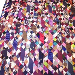 Antique Victorian 1800s Crazy Quilt Handmade Top Silk Patchwork Diamond Mosaic